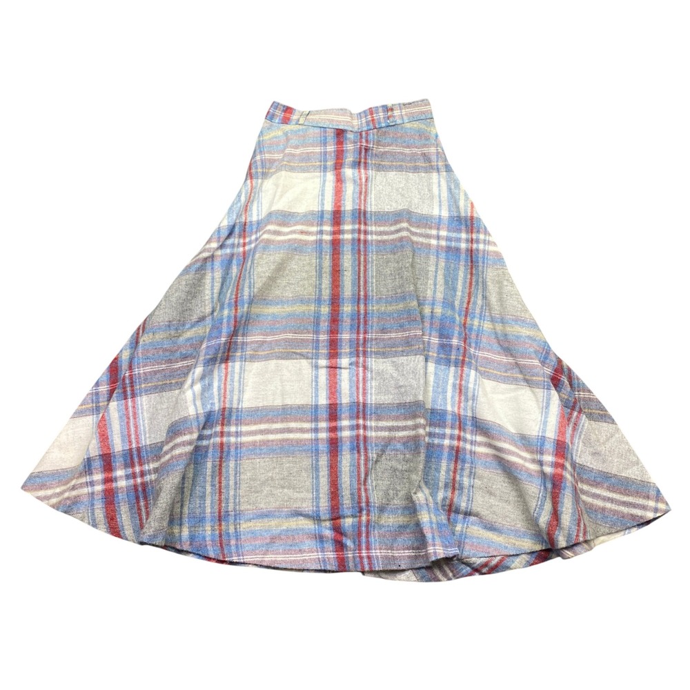 VTG Changing Scene Plaid Wool Blend Midi A-Line Skirt Blue Red Grey Sz 7/8 Japan
